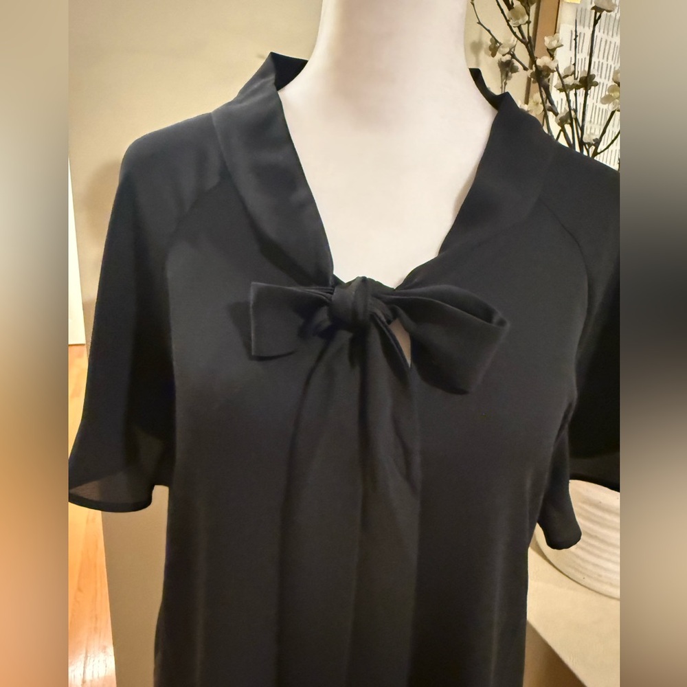 Pleione Black Bow Neck Short Sleeve Blouse